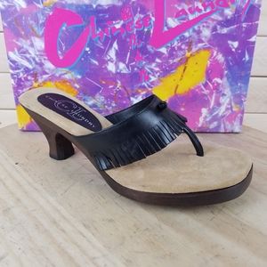 Slide Sandal 8M CL Jennifer Ata Lea Thong Heeled Fringed Leather Wooden Heel NEW